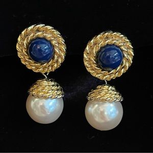 Vintage 90s Goldtone Navy Bead Faux Pearl Drop Earrings